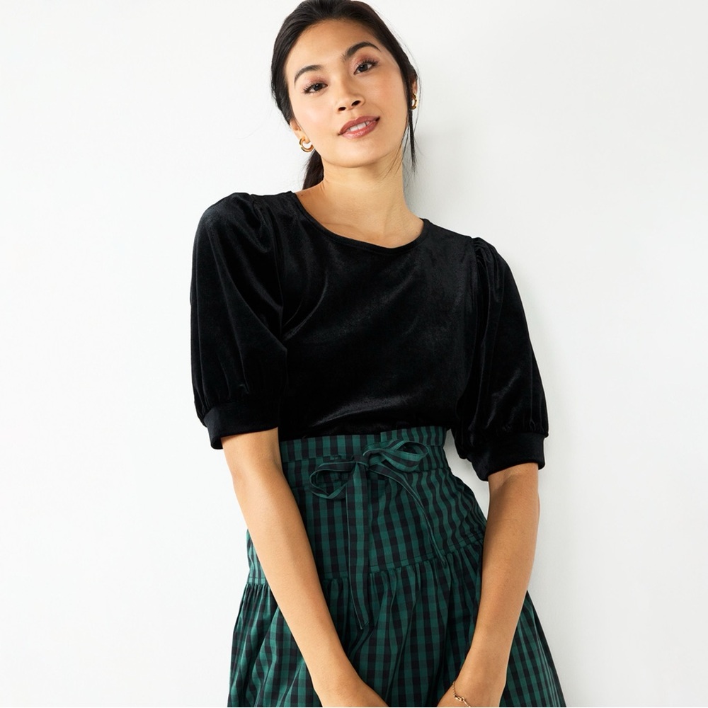 Draper James RSVP Black Velvet Office Wear Gothcore Boat Neck Blouse L